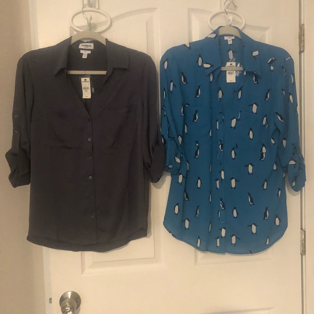 Express Portofino blouses - one solid gray - one teal with penguins